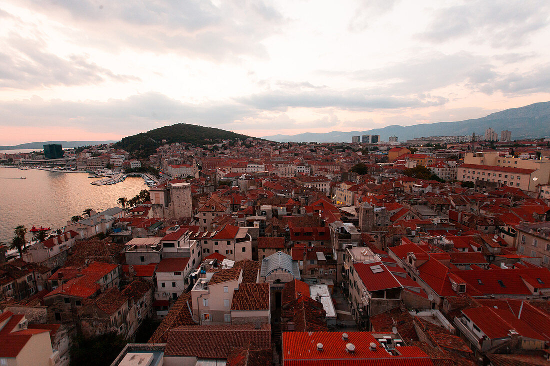 View of old town at dusk, Split, Croatia