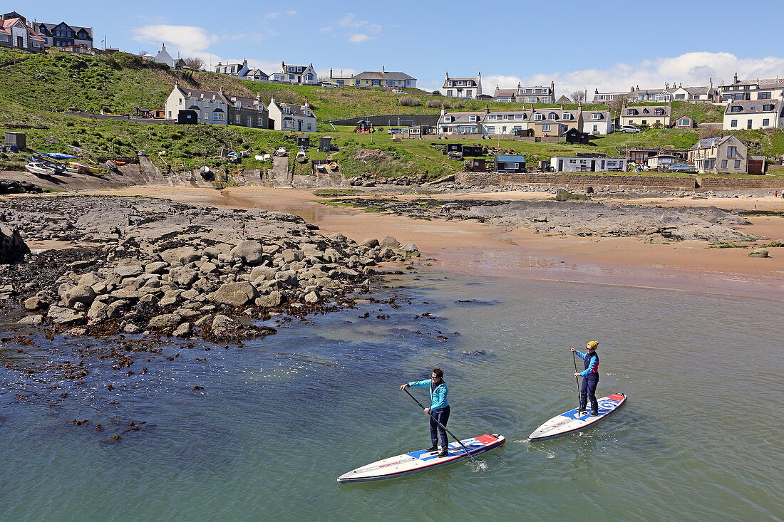 Stand-up paddle boarders in the village of Colliston Pier, Aberdeenshire