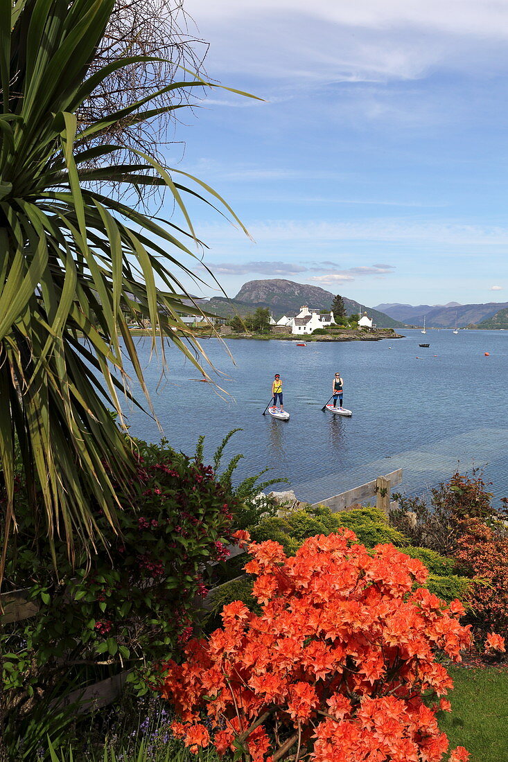 Stand up paddle boarding in the village of Plockton on Loch Carron, Highlands