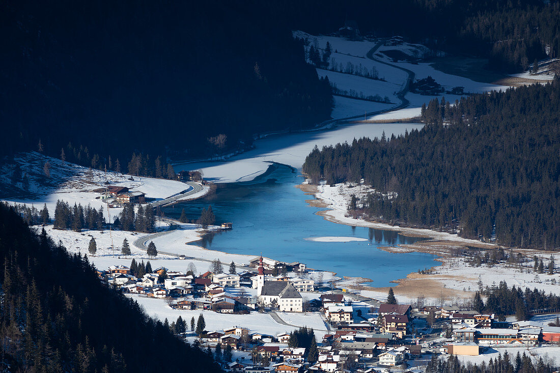 Pillersee and Ortisei village from above in winter, Wilder Kaiser Tirol