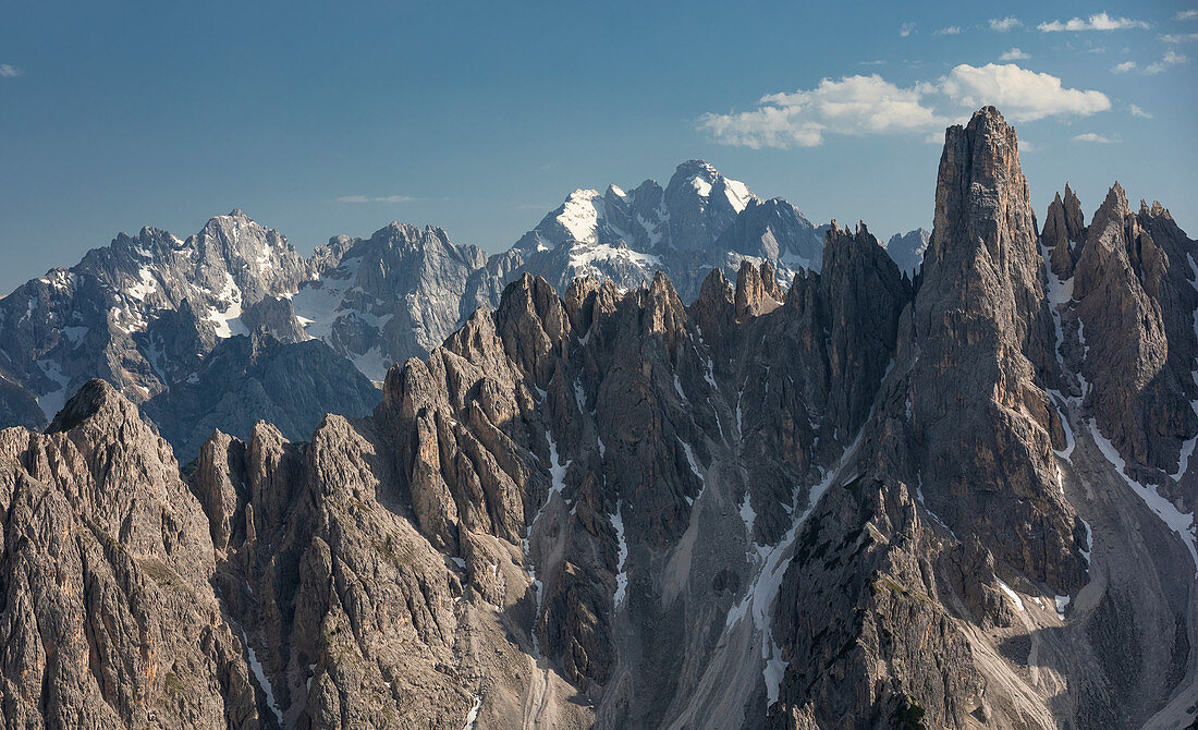 Mountain landscape in the Dolomites below the Lavardo hut at the Drei Zinnen a day, South Tyrol