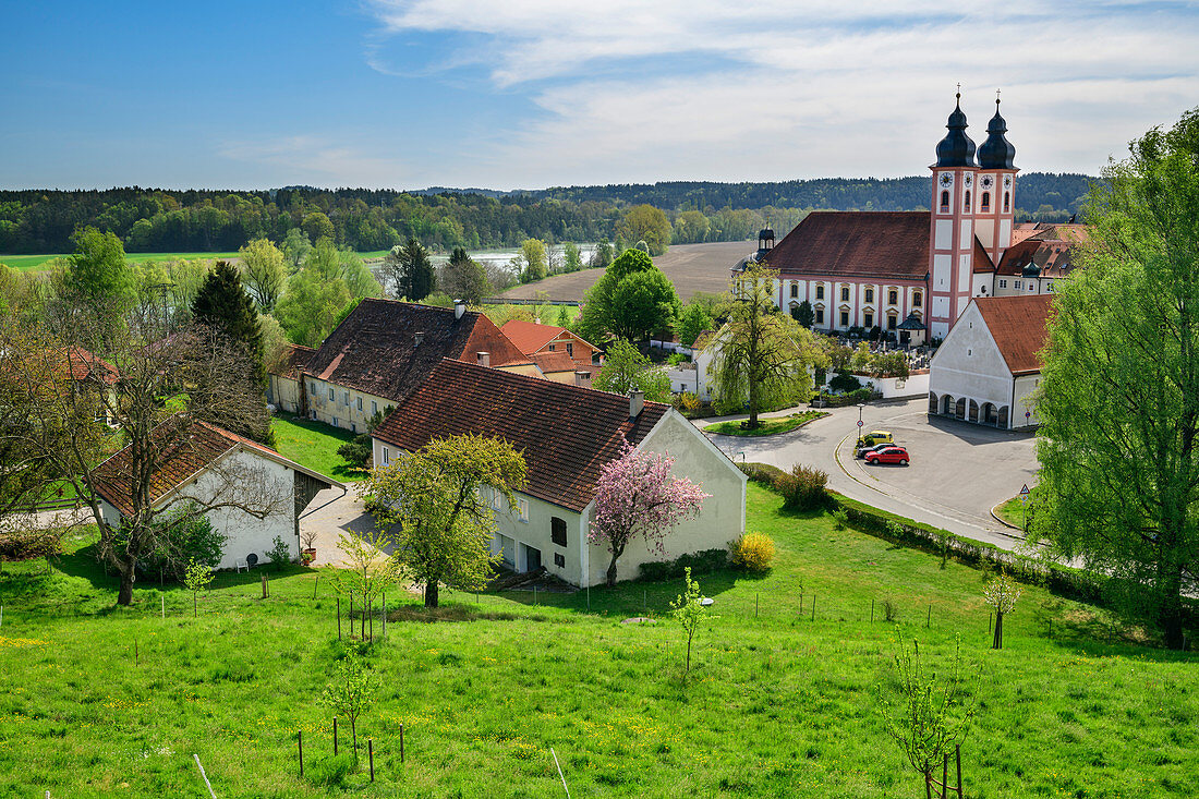 View of Au am Inn monastery, Au, Benediktradweg, Upper Bavaria, Bavaria, Germany