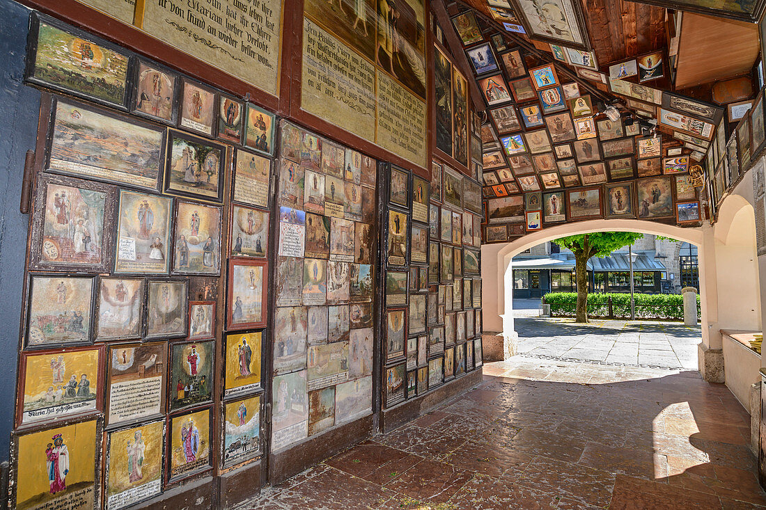 Votive tablets in the entrance of the Gnadenkapelle, Altötting, Benediktradweg, Upper Bavaria, Bavaria, Germany