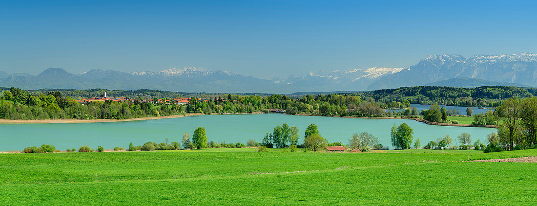 Panorama with Tachinger and Waginger See with Dachstein and Tennengebirge in the background, Tachinger See, Benediktradweg, Upper Bavaria, Bavaria, Germany