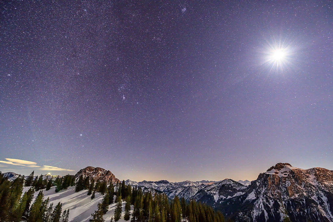 Starry sky and brightly shining moon over Straußberg and Säuling, from Tegelberg, Tegelberg, Ammergau Alps, Bavarian Alps, Upper Bavaria, Bavaria, Germany