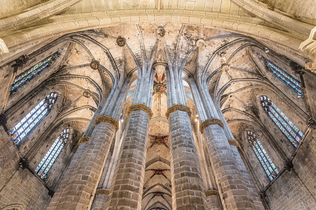Inside the Santa Maria del Mar cathedral in Barcelona, Spain