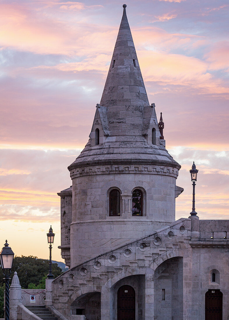 Sunset over the towers of the Fisherman's Bastion in Budapest, Hungary