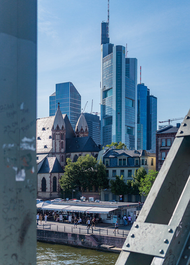 View from the Eiserner Steg to the banking district in Frankfurt, Germany