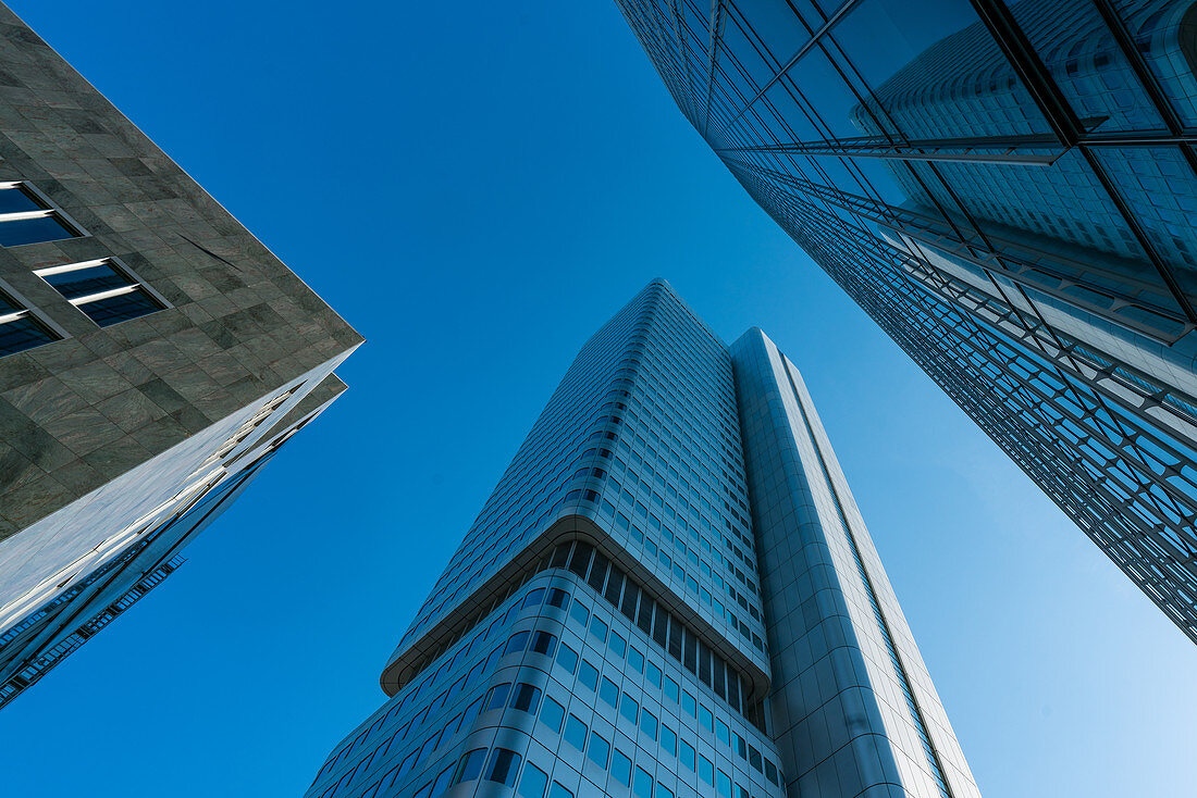 Looking up in the banking district of Frankfurt, Germany