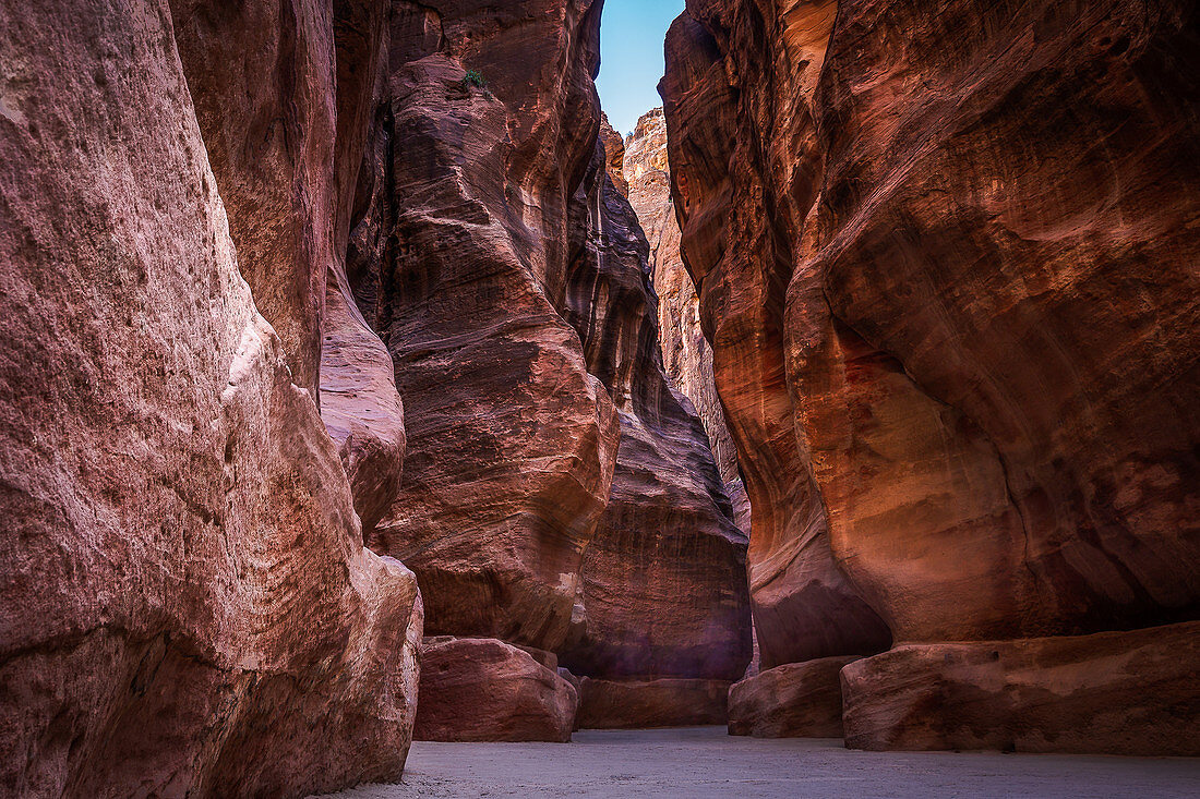 The over 1 kilometer Siq is the entrance to the ancient city of Petra in Jordan