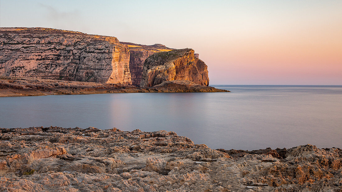 View of Fungus Rock during sunset, San Lawrenz, Gozo, Malta