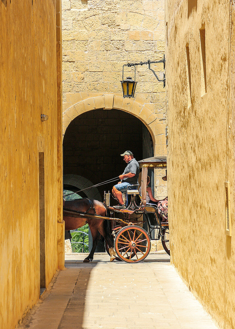 Coachman drives tourists through the streets of Mdina, Malta
