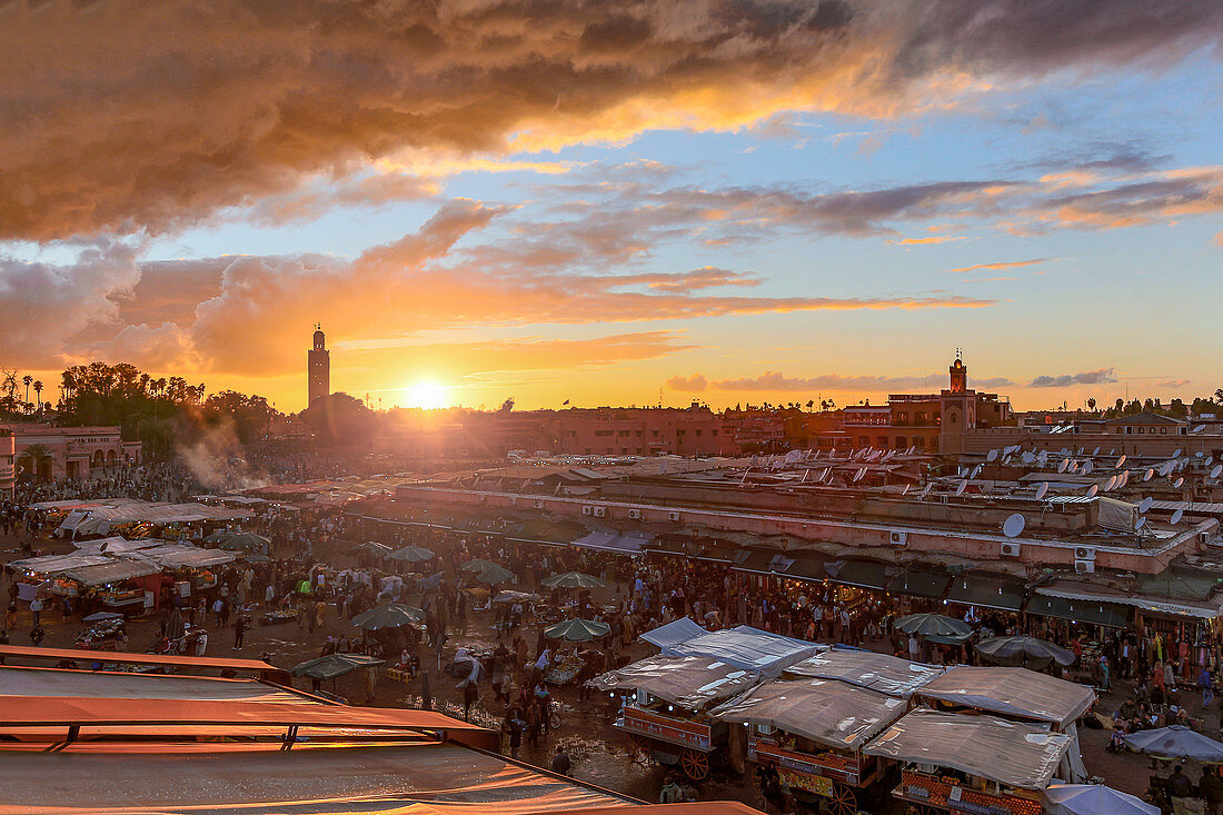 Sunset over the Djemaa El Fna in Marrakech, Morocco