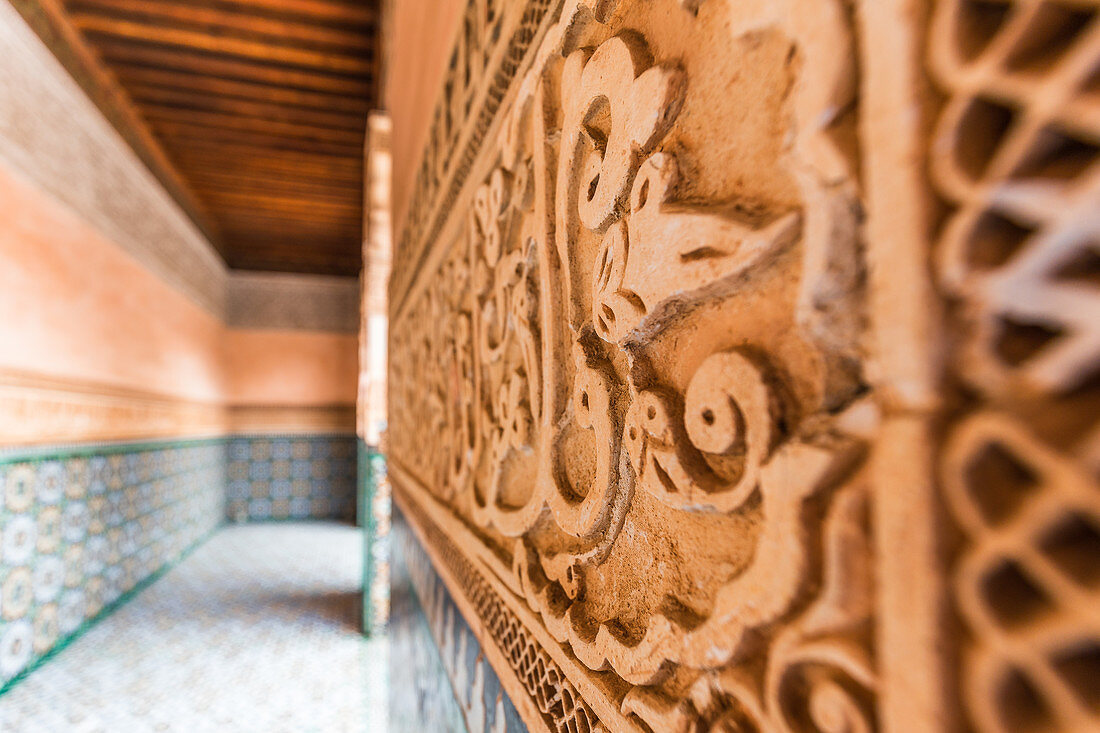 Islamic decorations in the Medersa Ben Youssef in Marrakech, Morocco