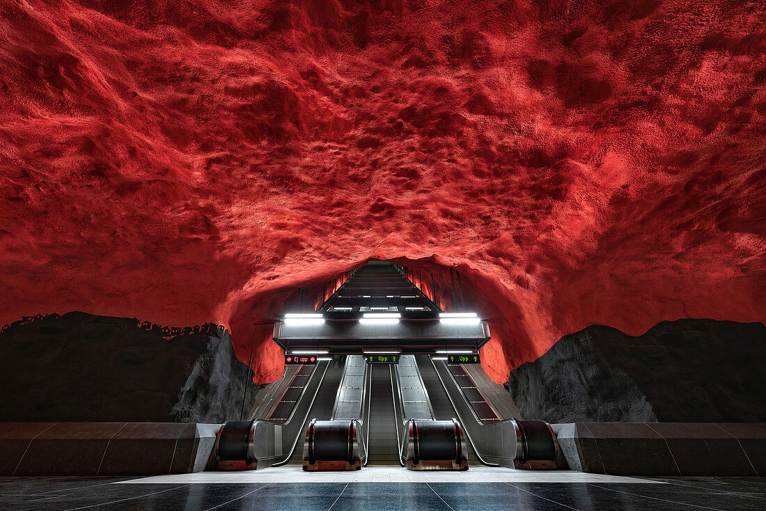 Artistically decorated Metro Station in the tunnel bana of Stockholm, Sweden