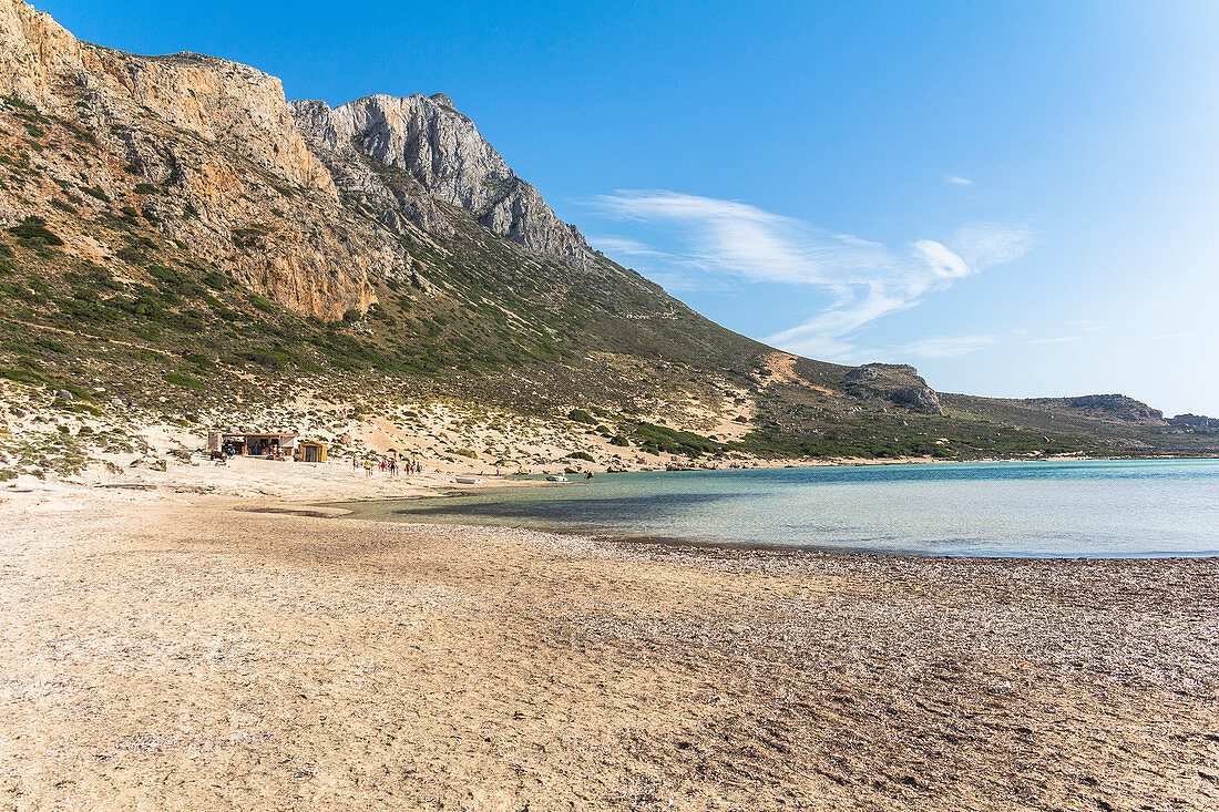 Seichte Lagune und Strand von Balos am Nachmittag, Nordwesten Kreta, Griechenland