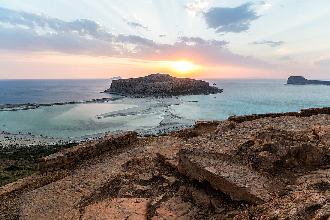 View of sunset over Balos lagoon in the evening, northwest Crete, Greece
