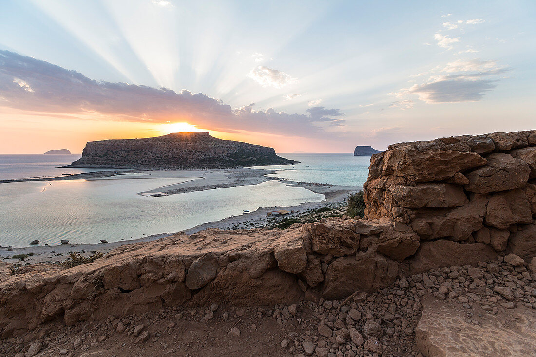 View of sunset over Balos lagoon in the evening, northwest Crete, Greece