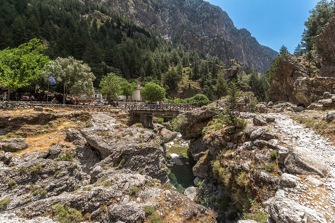 Bridge to Samariá rest area on Samaria Gorge hike, West Crete, Greece