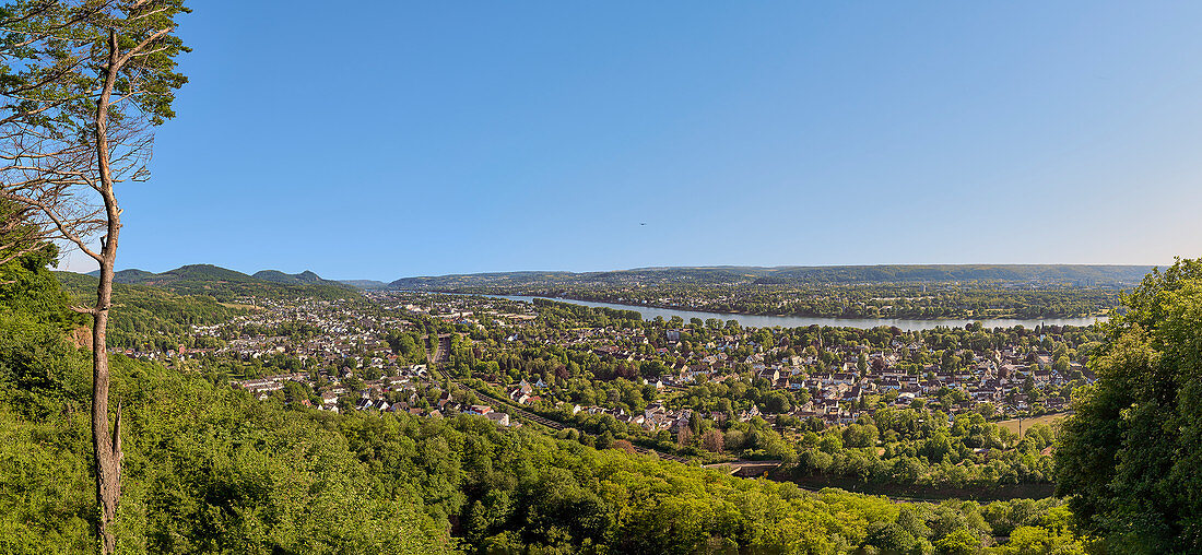 View over the right bank of the Rhine (Oberkassel) to the Siebengebirge, North Rhine-Westphalia, Germany