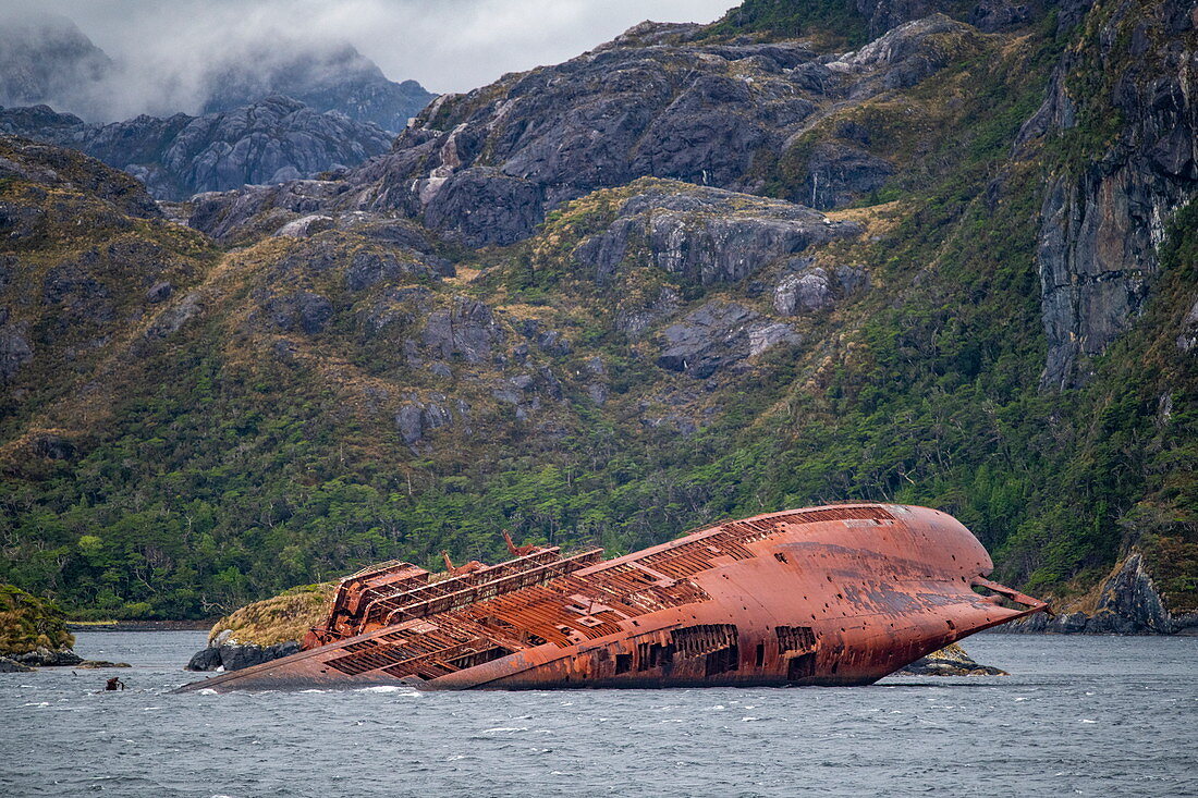 Ein rostiges Schiffswrack liegt weit neben dem Hauptschifffahrtskanal Kirke Narrows, Magallanes y de la Antartica Chilena, Patagonien, Chile, Südamerika