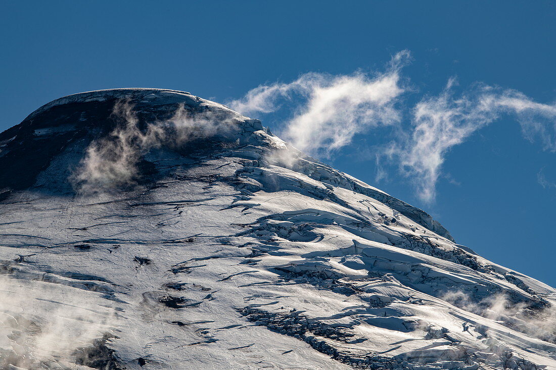 Detail vom Kegel des majestätischen Vulkans Osorno am Llanquihue-See, nahe Puerto Montt, Los Lagos, Patagonien, Chile, Südamerika