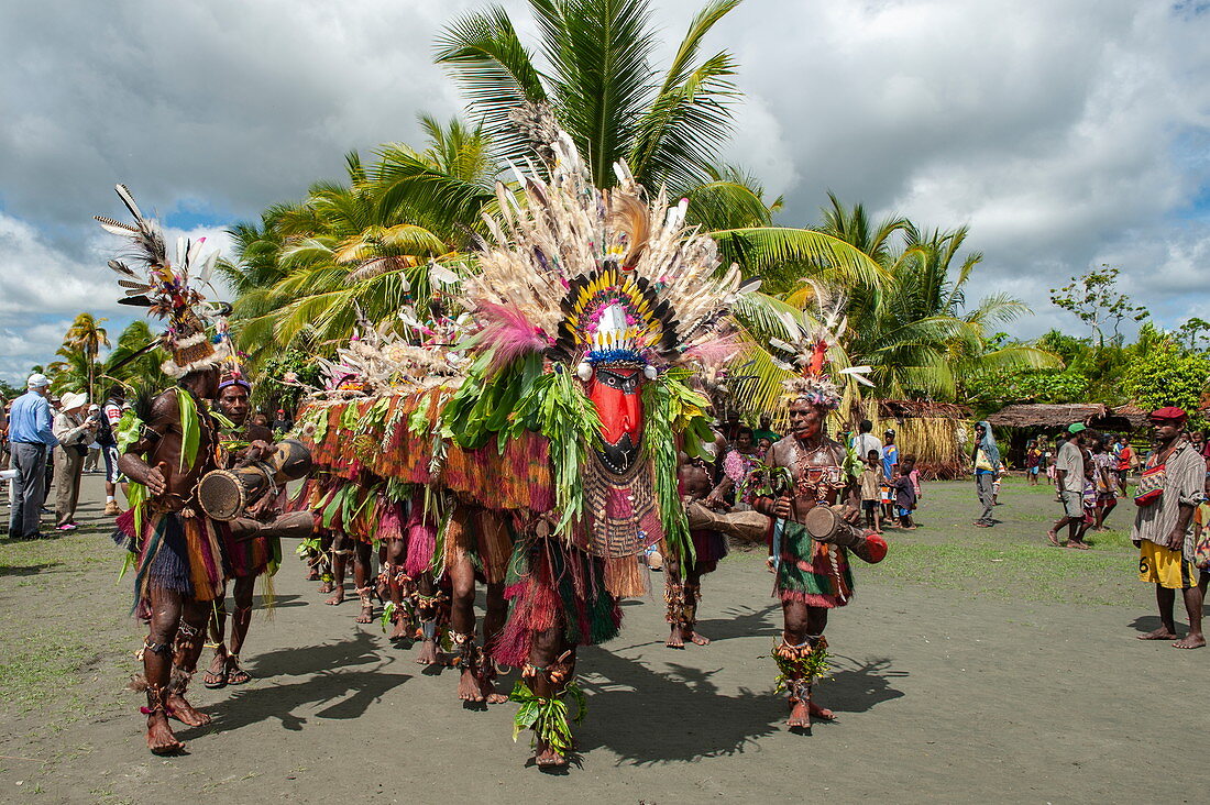 Männer in farbenfrohen Kostümen führen einen Folkloretanz auf zur Begrüßung von Passagieren eines Expeditionskreuzfahrtschiffes, Kopar, Provinz Ost-Sepik, Papua-Neuguinea, Südpazifik