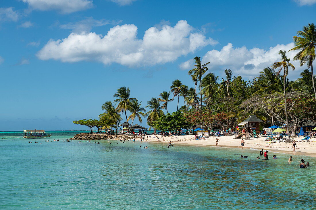 Idyllischer Korallenstrand von Palmen umgeben, mit Besuchern, Pigeon Point, Tobago, Trinidad und Tobago, Karibik