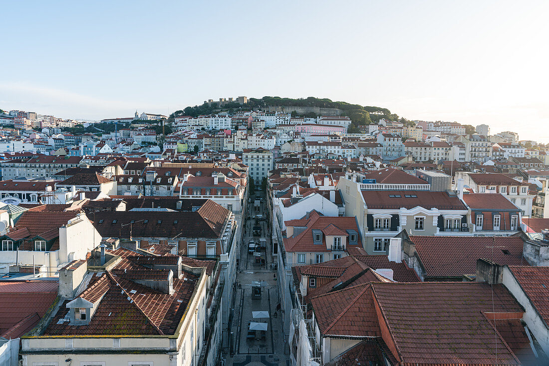 Morning view from the observation deck of the Elevador da Santa Justa over the rooftops of Lisbon, Portugal