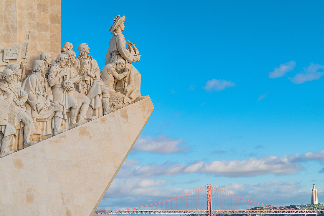 The Monument to the Discoveries overlooking Ponte 25 de Abril in Lisbon, Portugal