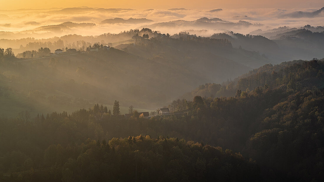 Golden morning from the observation tower at Platschberg on the hilly Slovenian landscape of Kungota, Slovenia