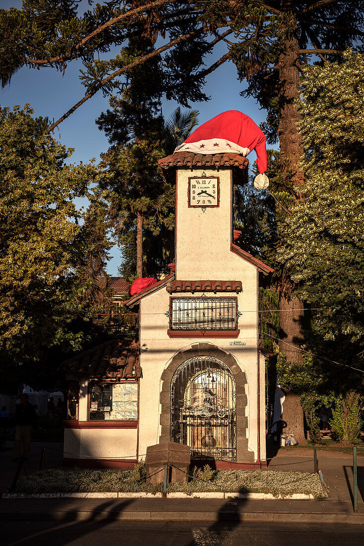 Clock tower with Santa's hat on Plaza de Armas, Santa Cruz, Colchagua Valley (wine growing area), Chile, South America