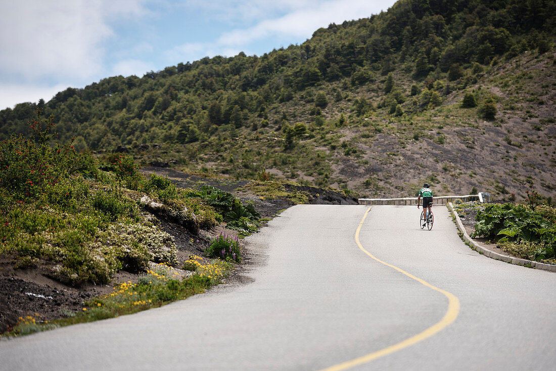 Racing cyclist on road to summit of Osorno volcano, Region de los Lagos, Chile, South America