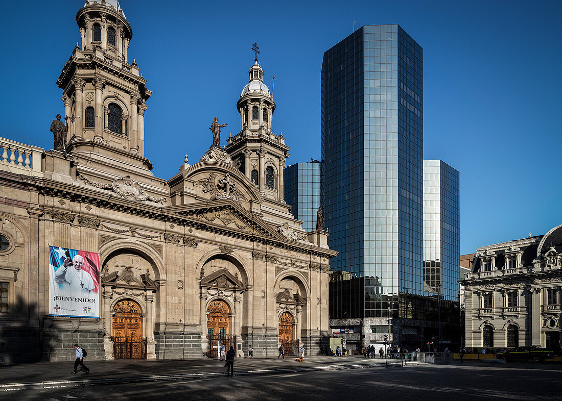 View of the cathedral and office towers, Plaza de Armas, capital city Santiago de Chile, Chile, South America