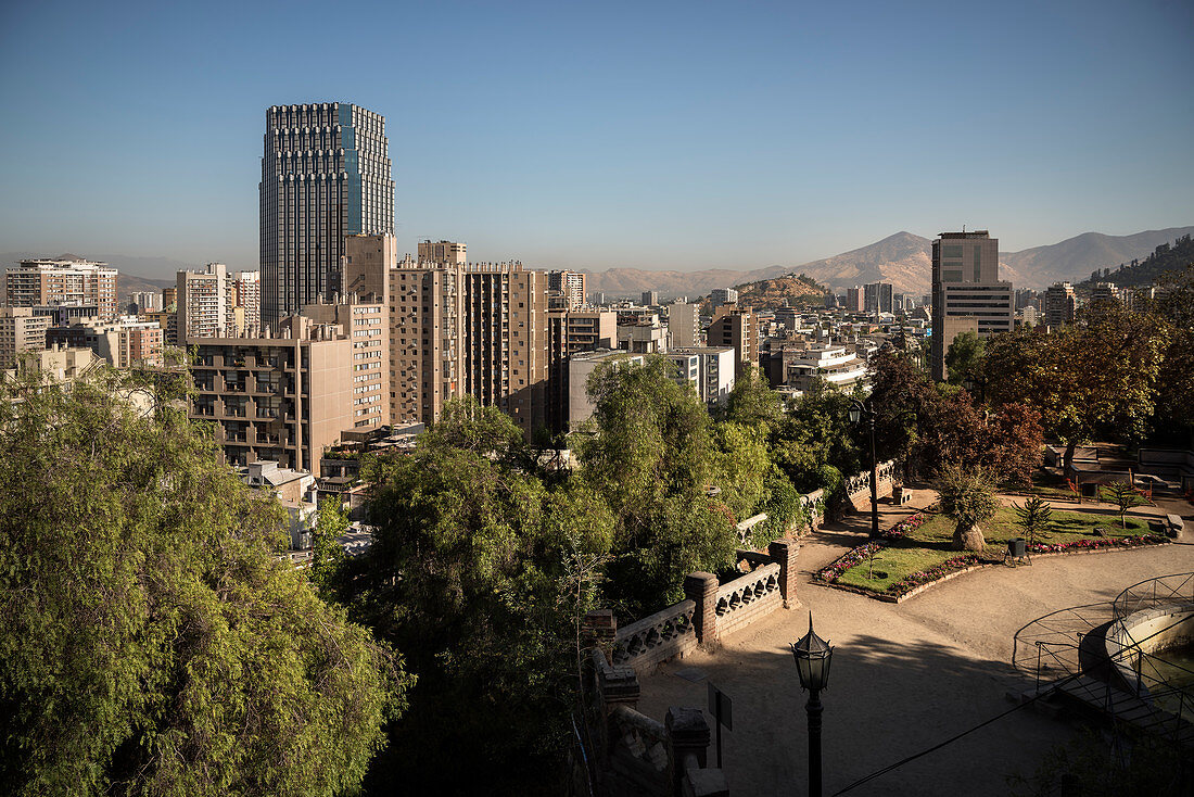 View over Santa Lucia Park and skyscrapers of the capital Santiago de Chile, Chile, South America