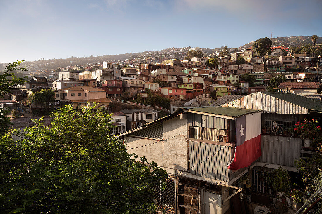 huge Chilean flag on house wall, Valparaiso, Chile, South America