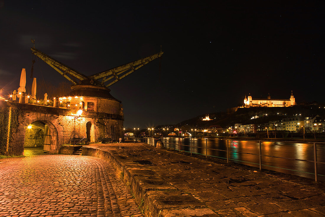 At night at the Old Cranes in Wuerzburg, Lower Franconia, Franconia, Bavaria, Germany, Europe