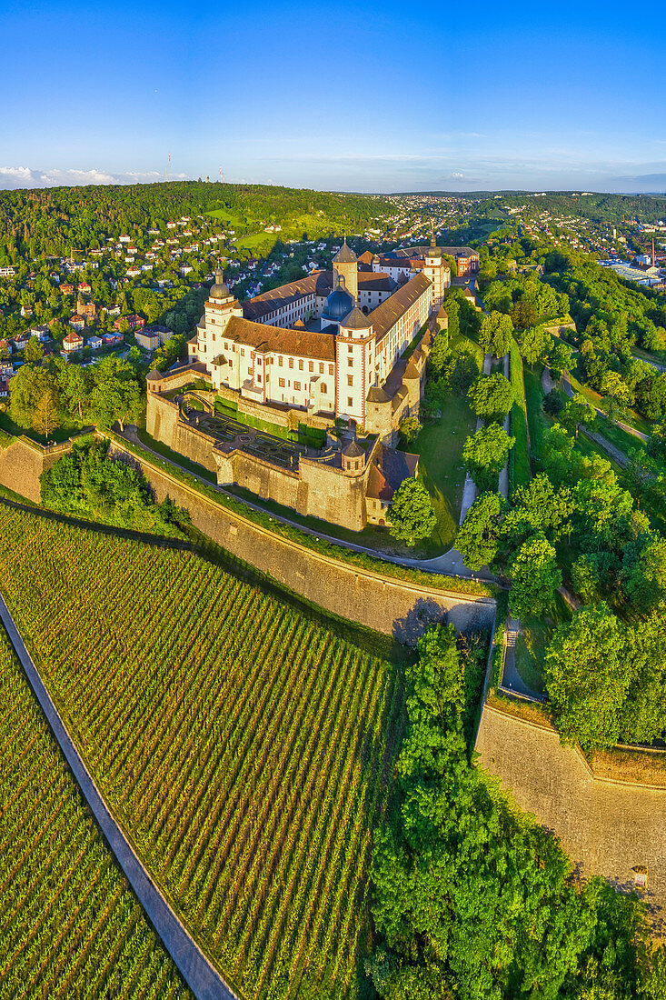 Aerial view of Marienberg Fortress in Wuerzburg, sunrise, Lower Franconia, Franconia, Bavaria, Germany, Europe