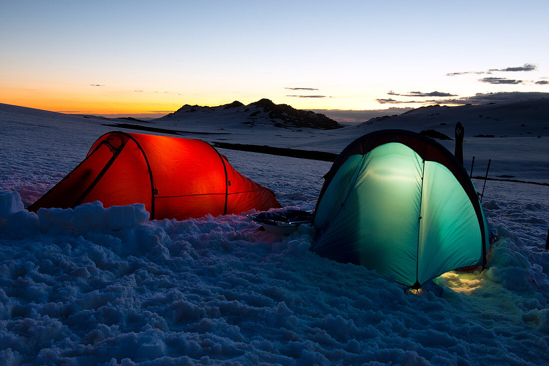 Camp near the Cootapatamba hut in the Kosciuszko National Park, multi-day ski tour, NSW, Australia