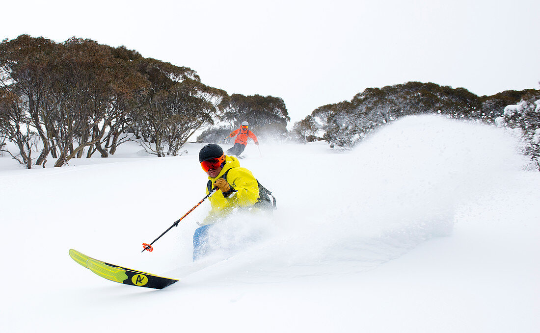 Powder snow skiing in the Mt. Hotham ski area, Victoria, Australia