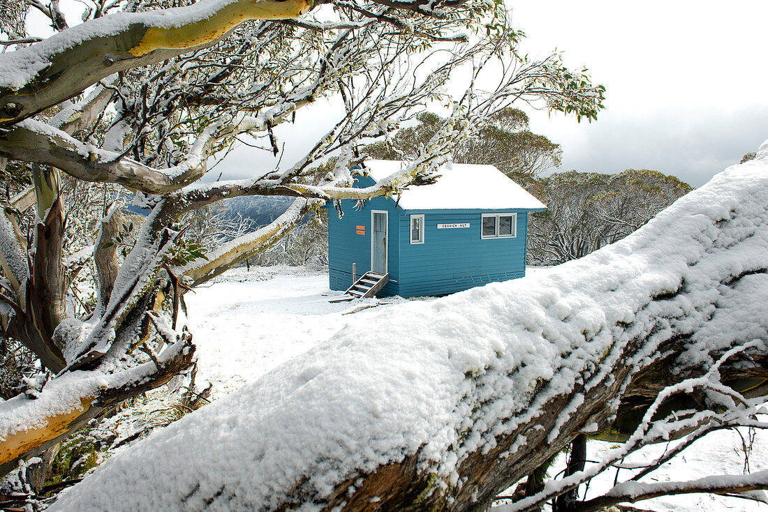 Die Derrick Hütte im Alpine National Park nach einem Kälteeinbruch im Frühling, Victoria, Australien