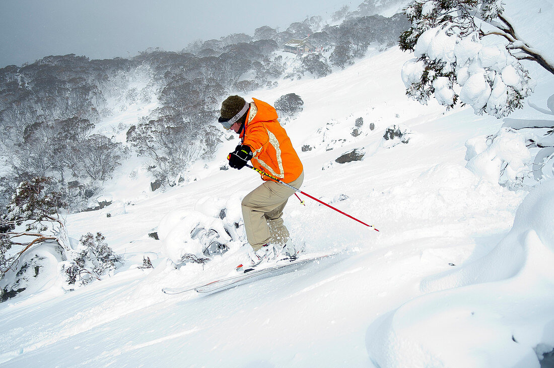 Pulverschnee abseits der Piste im Skigebiet Thredbo, NSW, Australien