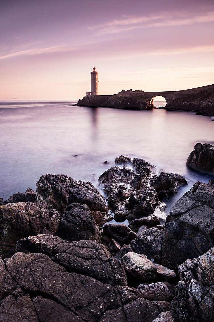 France, Finistere, Plouzane, Petit Minou lighthouse at sunset