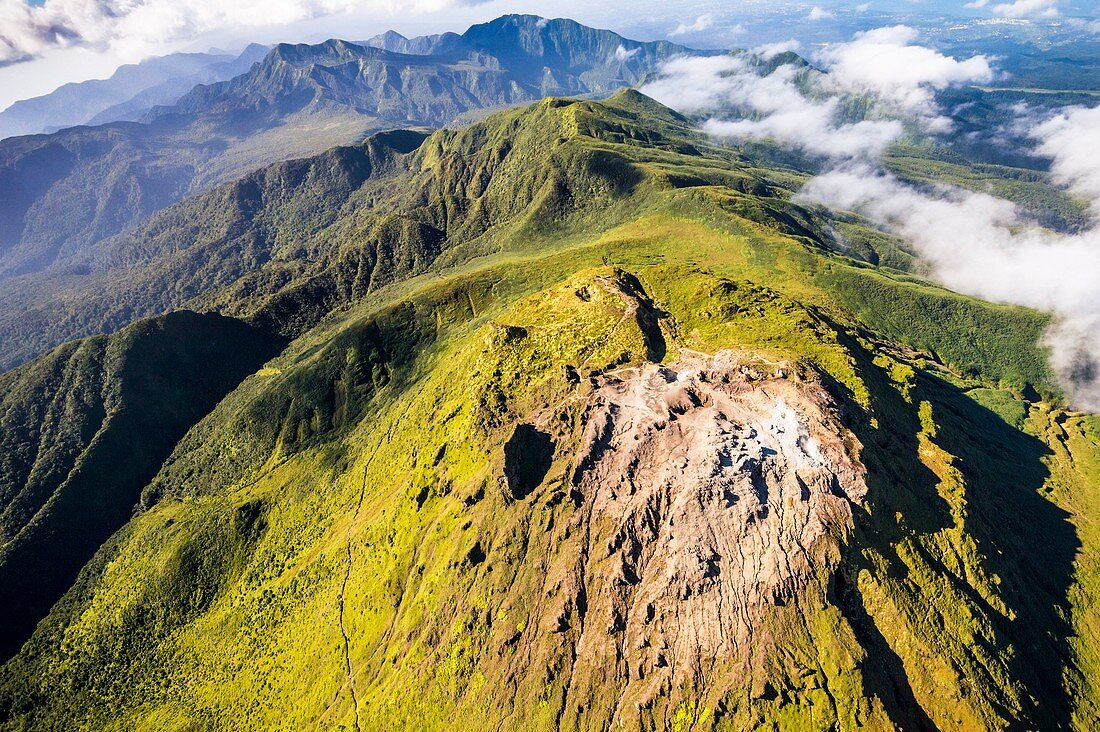 France, Guadeloupe (French West Indies), Basse Terre, Saint Claude, the clear top of La Soufriere, nicknamed the vie madanm in Guadeloupean Creole or the old lady in French, is an active volcano located in the national park (aerail view)