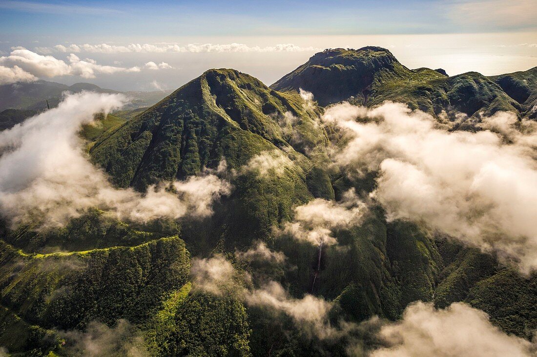 Frankreich, Guadeloupe (Französisch-Westindien), Basse Terre, Saint Claude, die klare Spitze von La Soufriere, mit dem Spitznamen 'Vie Madanm' auf Guadeloupe-Kreolisch oder die 'Alte Dame' auf Französisch, ist ein aktiver Vulkan im Nationalpark (Luftaufnahme)