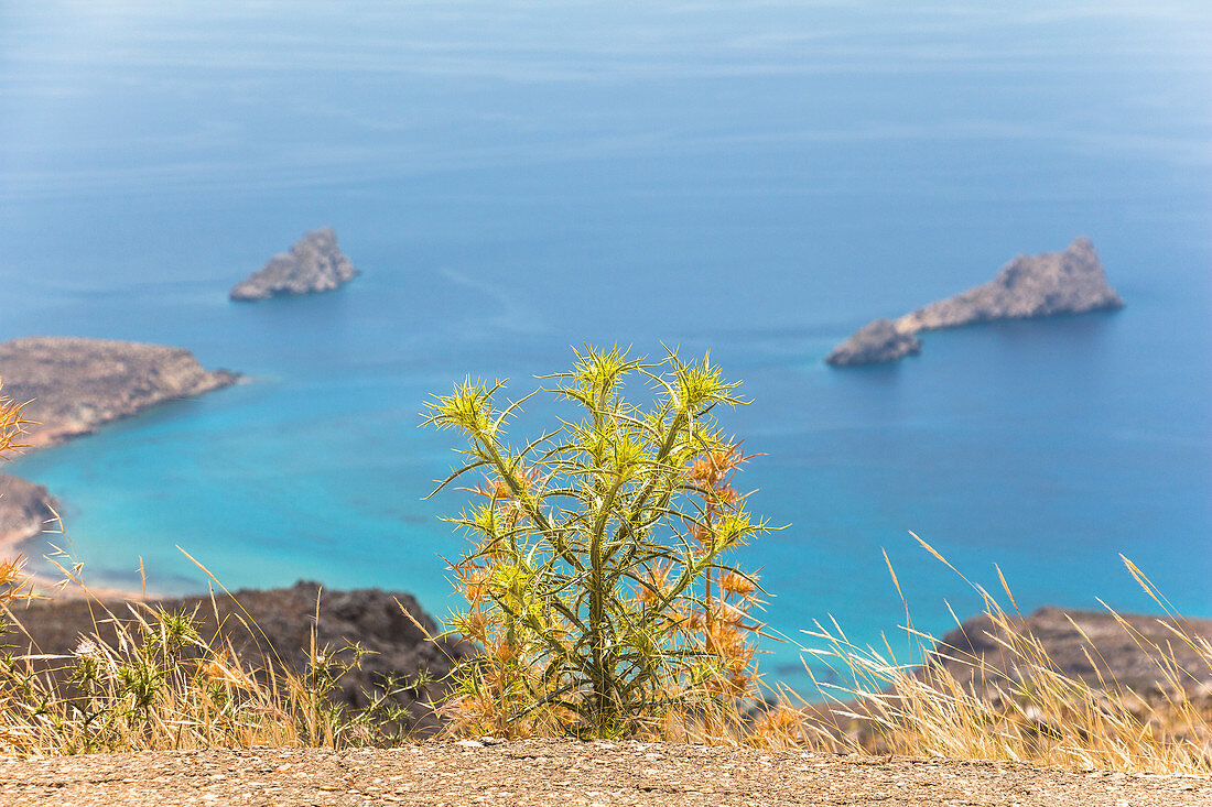 Sicht von Passstraße auf Strand von Xerokambos (Mazida Ammos), Kreta, Griechenland