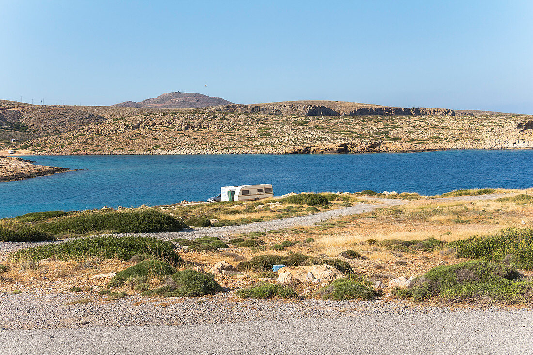Caravan at the lonely Cape Sideros, East Crete, Greece