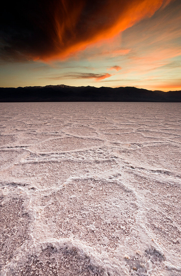 Death Valley, USA - May 6, 2010. Polygon formations of salt seen at sunset in Death Valley, California.
