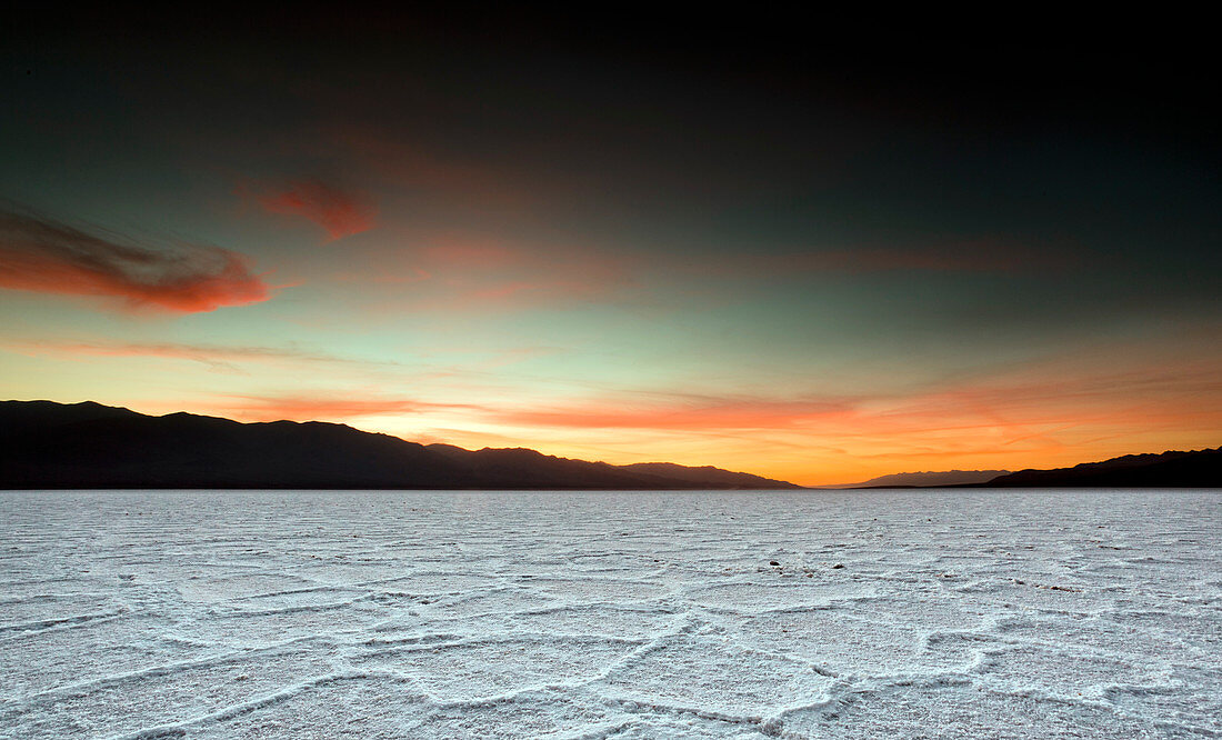 Death Valley, USA - May 6, 2010. Polygon formations of salt seen at sunset in Death Valley, California.