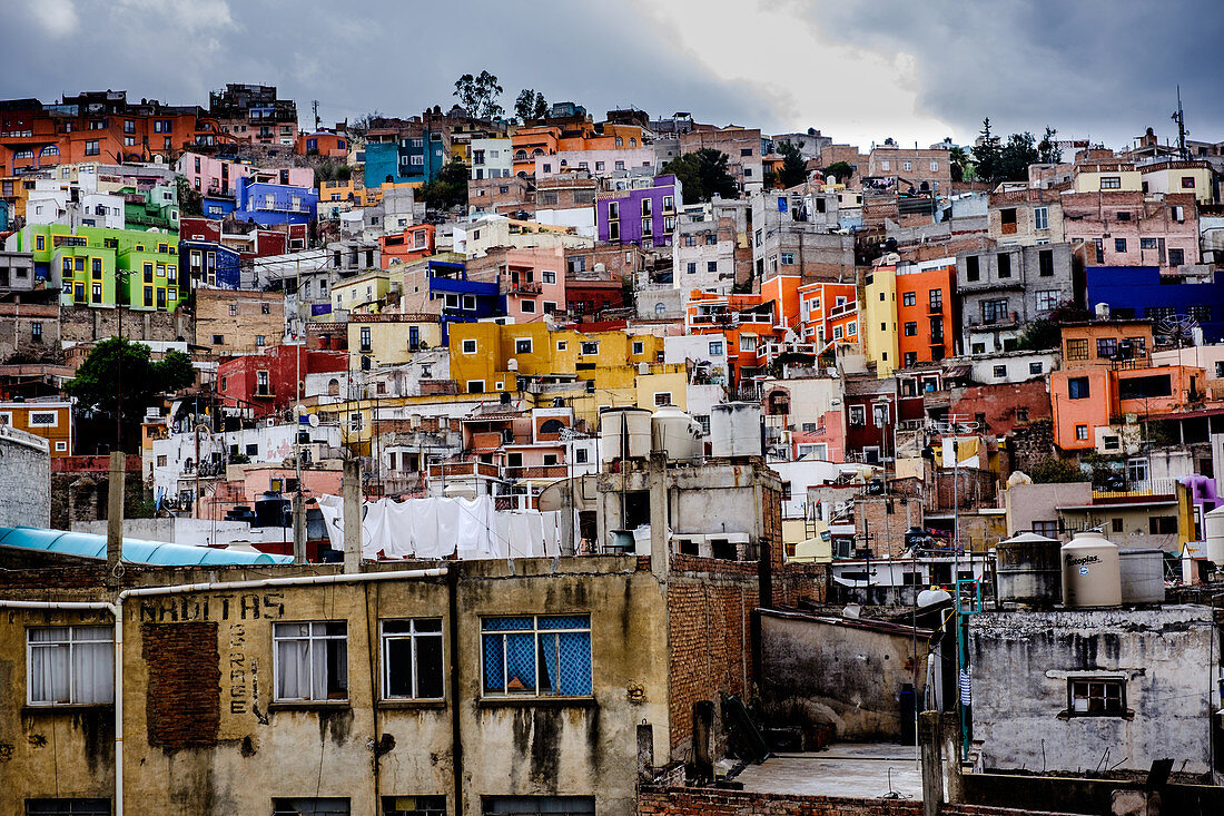 Guanajuato, Mexico - March 3, 2016: Colorful houses in the city of Guanajuato.